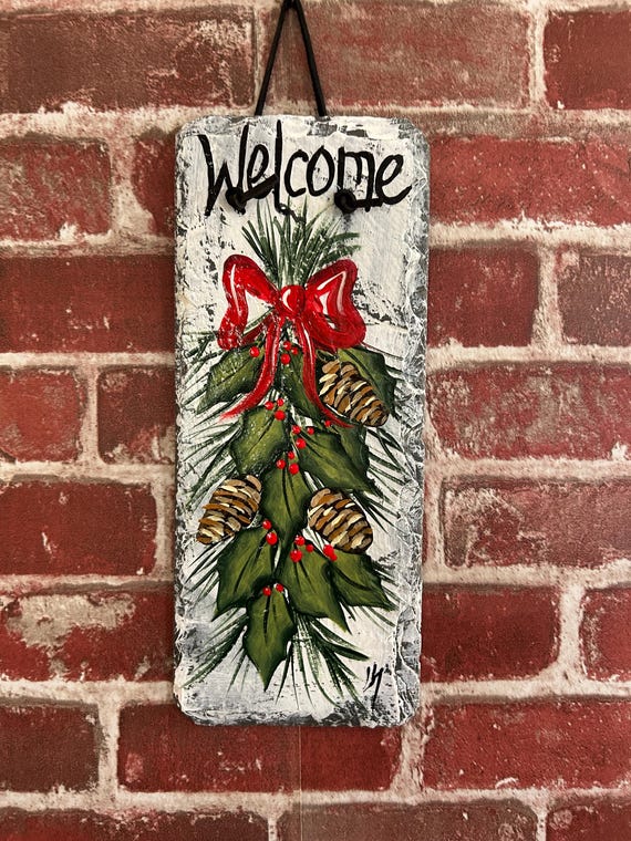 Hand painted winter slate: Rustic holiday porch hanger, Winter greens door hanger, outdoor art