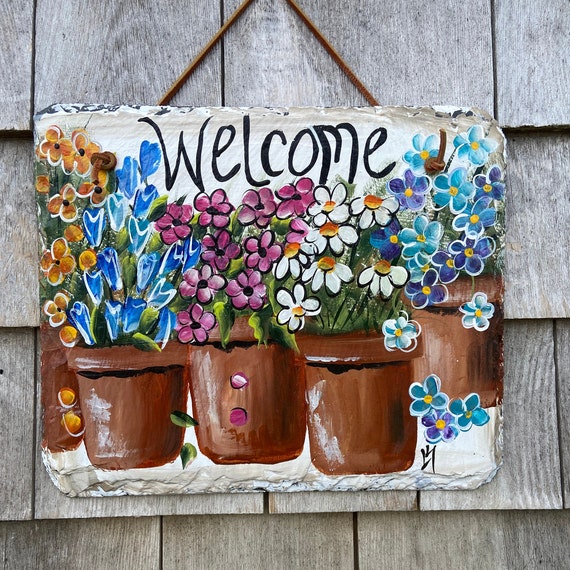 Painted Slate welcome sign, Porch sign, Summer door decor, Outdoor Summer decor, Painted slate, slate sign, garden sign, Patio decor