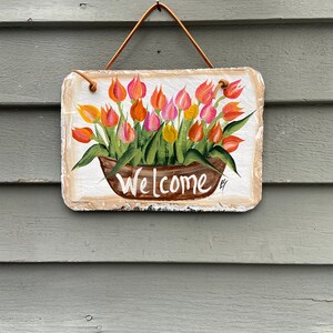 Painted slate welcome sign, garden slate sign, tulip welcome plaque, Porch decor, door hanger, small slate welcome sign, garden decor image 4