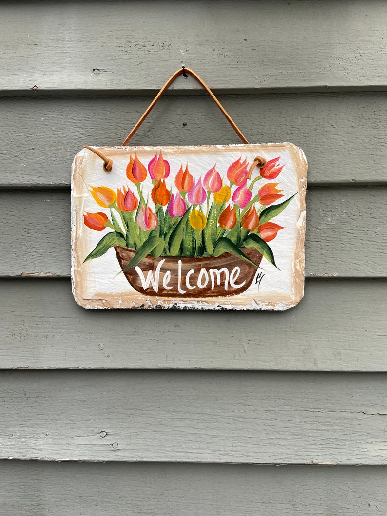 Painted slate welcome sign, garden slate sign, tulip welcome plaque, Porch decor, door hanger, small slate welcome sign, garden decor image 4