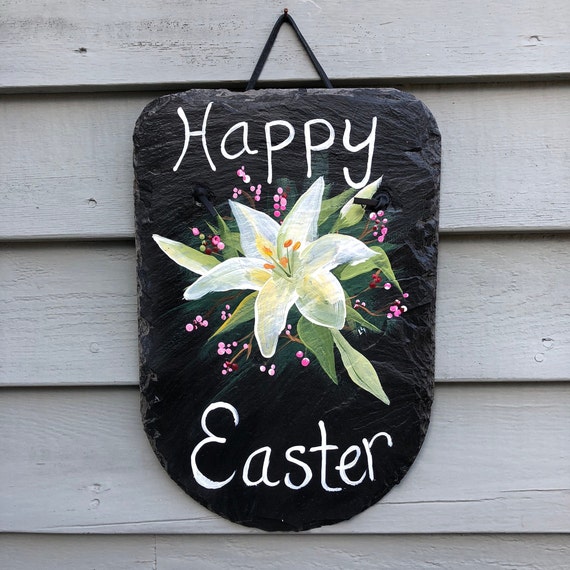 Hand Painted Easter slate sign, Easter door hanger, Painted slate, Easter door decor, Painting on slate, Spring slate sign, Easter sign,