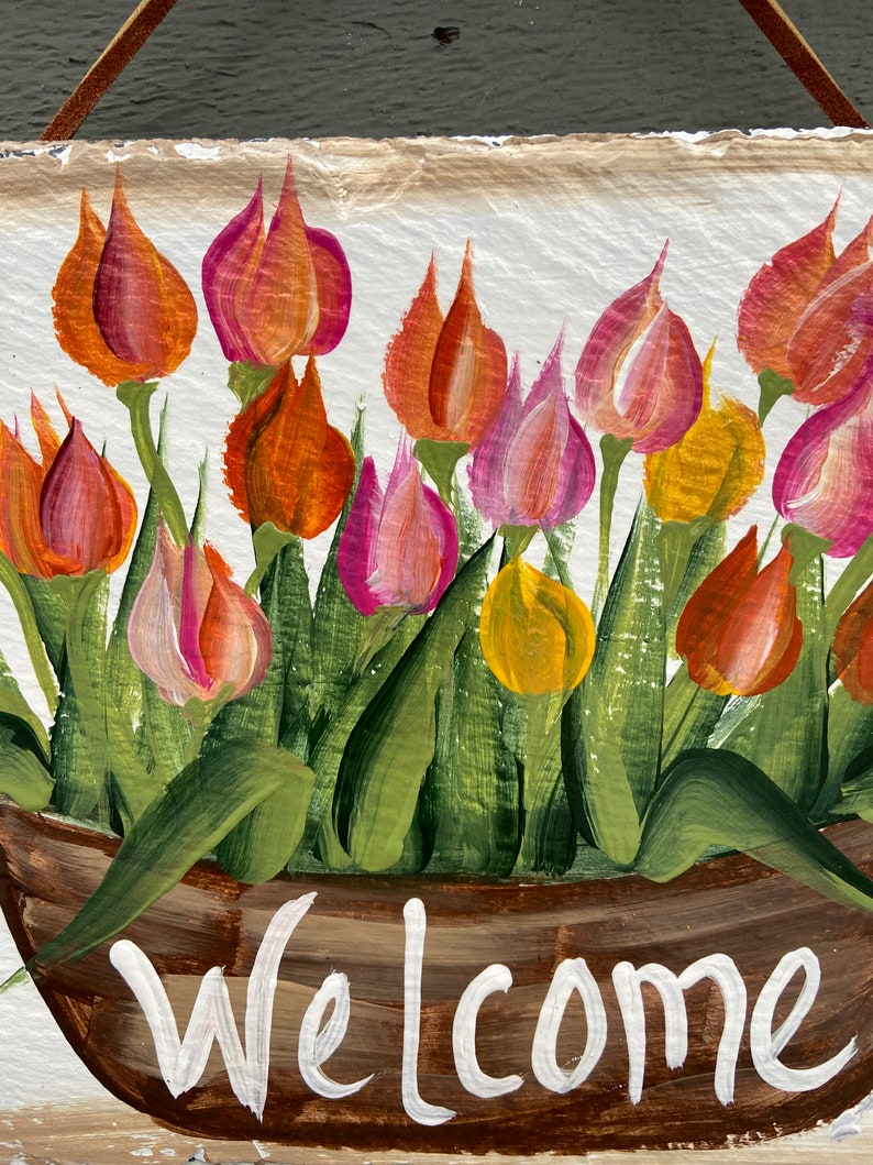 Painted slate welcome sign, garden slate sign, tulip welcome plaque, Porch decor, door hanger, small slate welcome sign, garden decor image 2