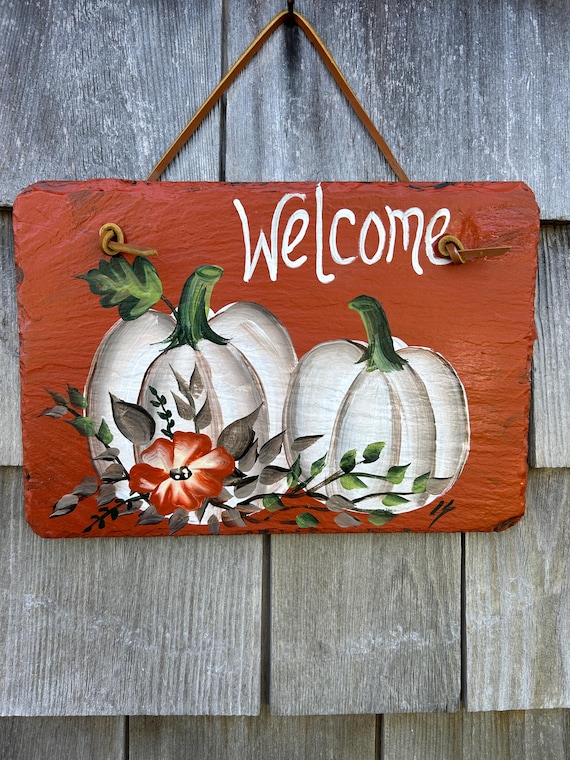 Hand painted slate fall sign, welcome plaque, door hanger, Pumpkin slate sign, Fall sign, welcome sign, Painted slate, porch decor