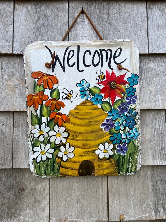 Hand Painted Slate sign, Beehive Welcome sign, Garden sign, Spring Slate Sign, door hanger, Spring sign, Slate welcome plaque