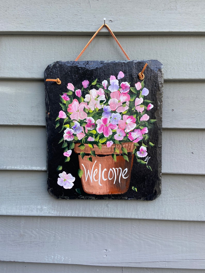 Painted Spring Welcome Slate Sign: Floral Door Hanger - Etsy