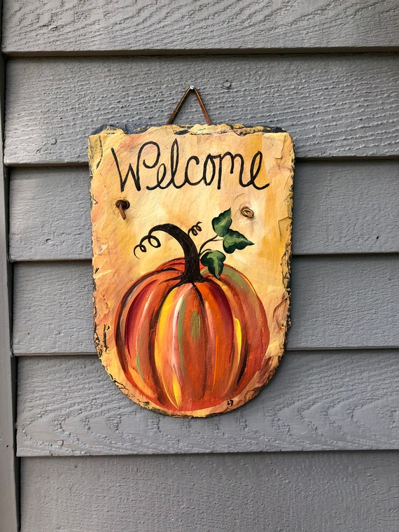 Slate plaque, Hand Painted slate sign, Fall sign, Autumn slate plaque, Fall painting on slate, Fall Door decor, Pumpkin sign, Painted slate