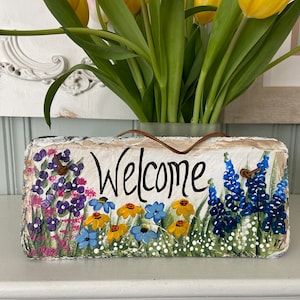 Painted slate welcome sign, personalized garden slate sign, Floral welcome plaque, Porch decor, door hanger, porch sign, garden decor