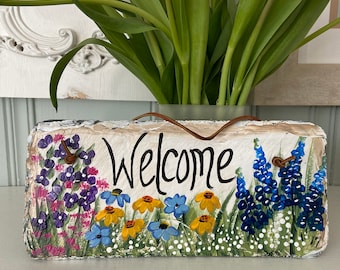 Painted slate welcome sign, personalized garden slate sign, Floral welcome plaque, Porch decor, door hanger, porch sign, garden decor