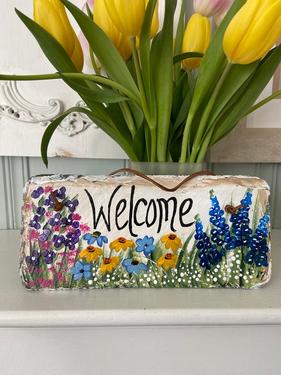 Painted slate welcome sign, personalized garden slate sign, Floral welcome plaque, Porch decor, door hanger, porch sign, garden decor