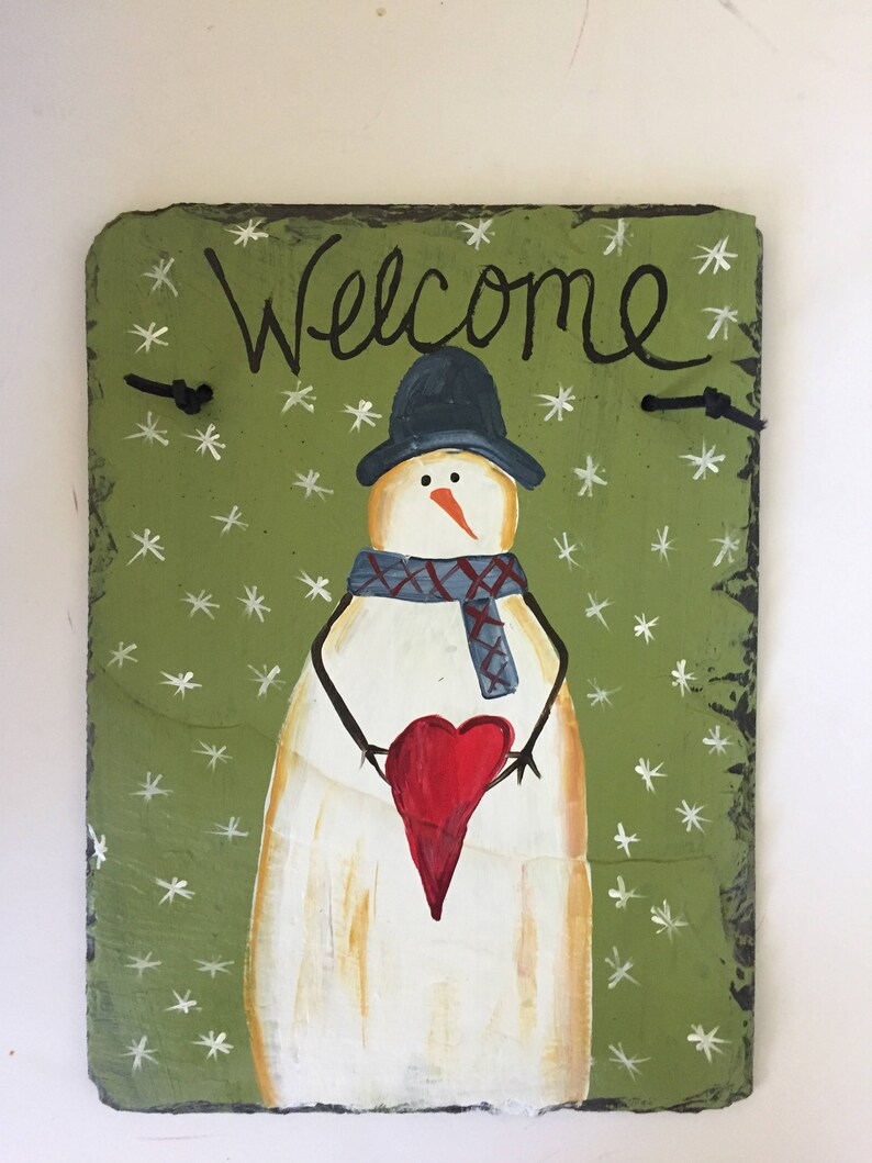 winter welcome plaque slate sign Primitive snowman sign welcome sign winter slate welcome sign winter door hanger painted slate
