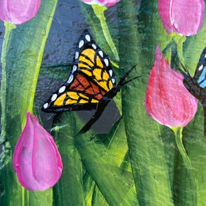 Tulips & Butterflies welcome sign, Painted Slate sign, Front door Slate, Slate Sign, Floral door hanger, Spring slate, Slate welcome plaque image 3