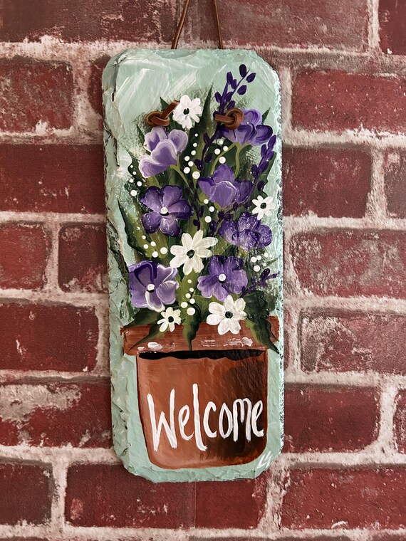 Painted spring slate welcome sign, Spring Porch decor, slate, painting on slate, garden decor, painted slate