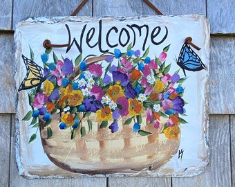 porch decor, Spring welcome sign, Painted Slate sign, slate door hanger, Spring Sign, Floral door hanger, Spring slate, Slate welcome plaque