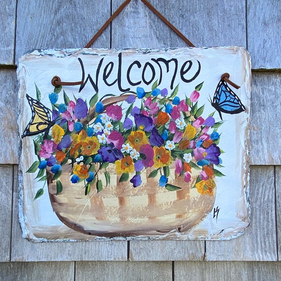 Floral slate welcome sign, Spring door hanger