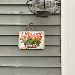 Painted slate welcome sign, garden slate sign, tulip welcome plaque, Porch decor, door hanger, small slate welcome sign, garden decor image 3