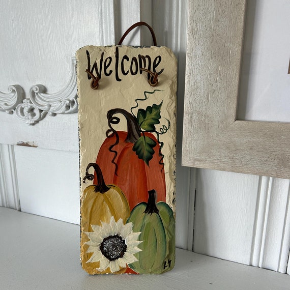 Hand painted fall slate welcome sign, Pumpkin porch decor, Pumpkin slate sign, Autumn painted tile, slate sign, painted slate, fall decor
