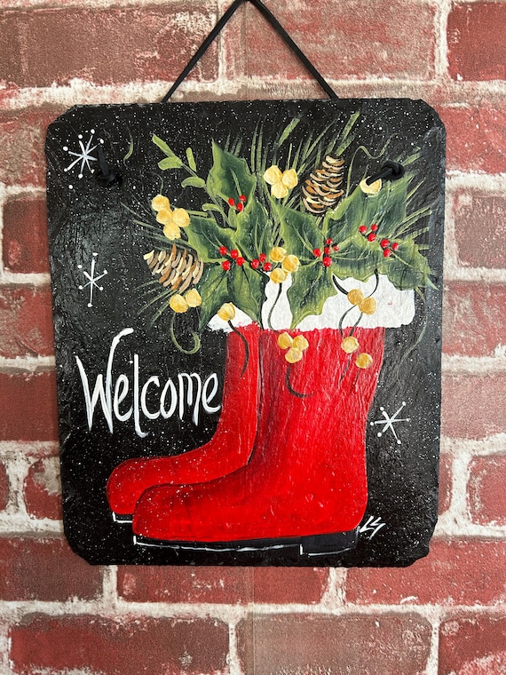 Hand-Painted Santa's Boots Welcome Slate Sign: Winter greens, Christmas door hanger
