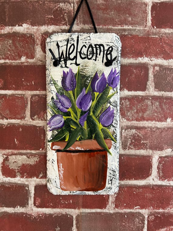 Hand-Painted Purple Tulip Slate welcome Sign: Spring Porch Decor (12x5)