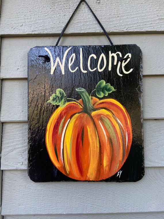 Slate welcome sign, welcome plaque, Fall door hanger, Pumpkin slate sign, Painted tile, welcome sign, Painted slate, Black, brown or Ivory