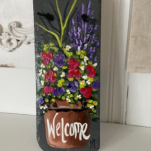 Painted slate welcome sign, personalized garden slate sign, Floral welcome plaque, Porch decor, door hanger, porch sign, garden decor image 5
