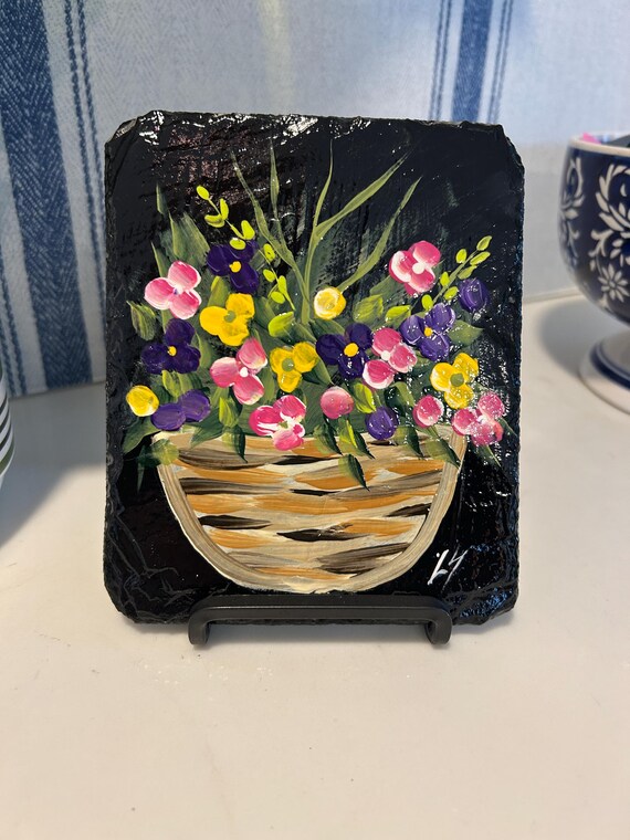 Painted floral slate, kitchen art, painted purple floral slate , spring decor, floral painted slate, floral mantle art. floral shelf sitter