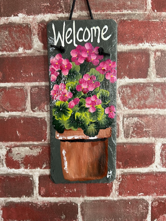 Hand-Painted Pink geranium Slate welcome Sign: Spring Porch Decor (12x5)