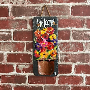 Painted Flowers, Painted slate, Spring Porch decor, painted slate sign, painting on slate, Spring welcome sign on slateSpring decor image 1