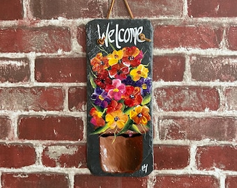 Painted Flowers, Painted slate, Spring Porch decor, painted slate sign, painting on slate, Spring welcome sign on slateSpring decor