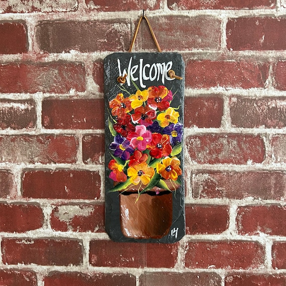 Painted Flowers, Painted slate, Spring Porch decor, painted slate sign, painting on slate, Spring welcome sign on slateSpring decor