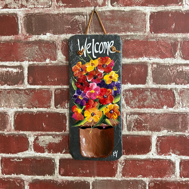 Painted Flowers, Painted slate, Spring Porch decor, painted slate sign, painting on slate, Spring welcome sign on slateSpring decor image 1