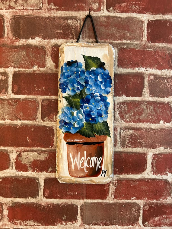 Painted hydrangeas slate sign, Floral Porch decor, slate sign, painting on slate, garden decor, Spring welcome sign on slateSpring decor