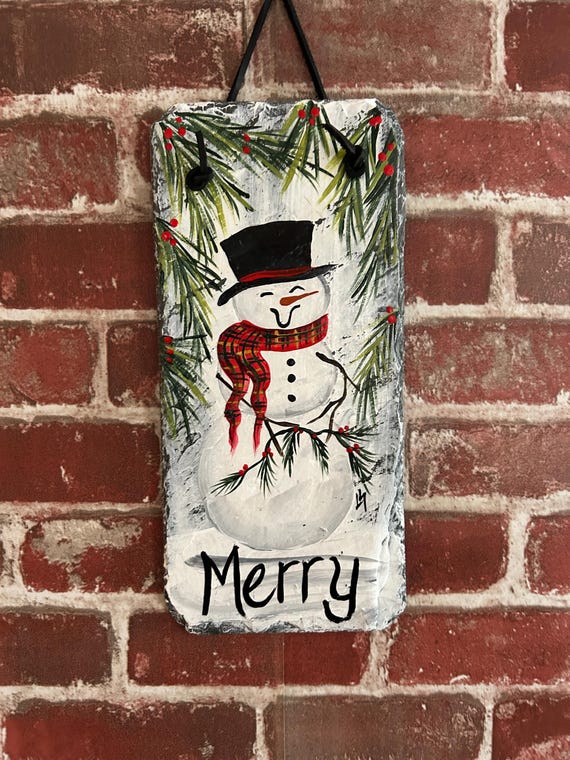 Hand Painted Christmas Snowmen Slate: Rustic holiday Wall Decor, Christmas door hanger, outdoor art