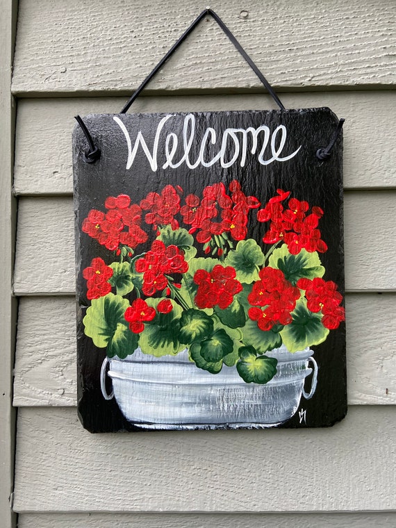 Hand Painted Slate sign, Geranium Welcome sign, Front door Slate, Slate Sign, door hanger, Slate plaque, Slate welcome plaque, painted slate