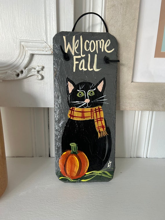 Painted fall cat slate sign, Cat welcome plaque, painted slate sign, Fall sign, welcome sign, Fall porch decor, gift for Cat lover, slate