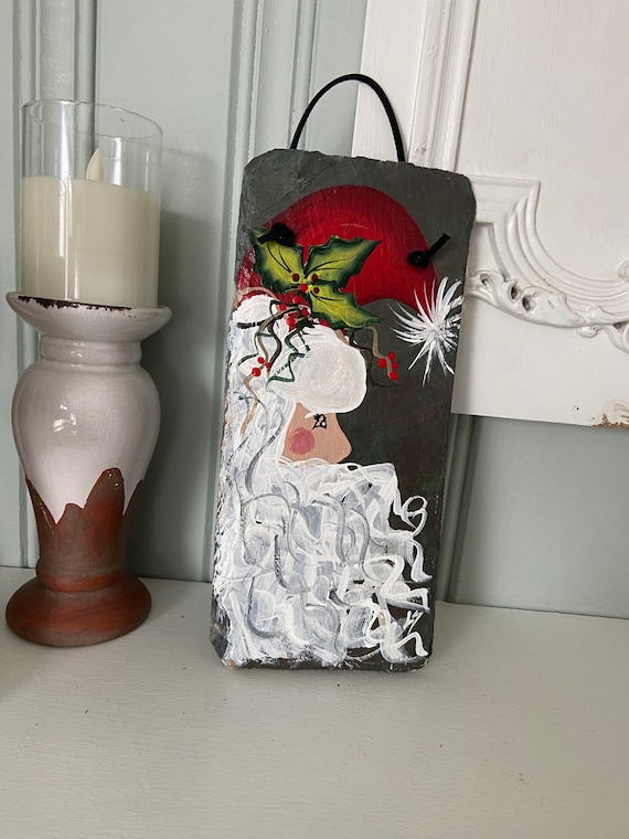 Painted Santa on slate, Christmas Porch decor, slate sign, Santa sign, painting on slate, Rustic Santa, Santa slate sign, Hostess gift