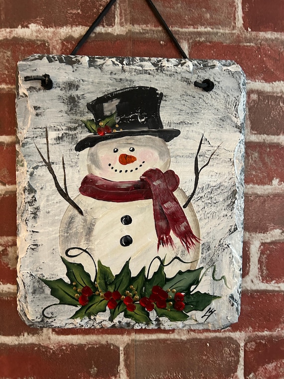Hand Painted Slate Welcome Sign: Snowman house sign, Winter Porch Decor