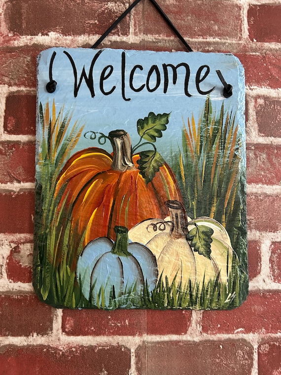 Pumpkin Slate Welcome Sign, Hand painted Fall Decor, Autumn yard art