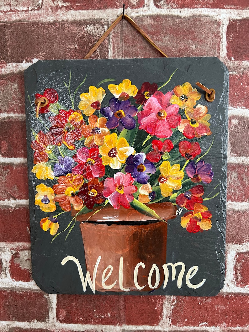 Floral welcome sign, Painted slate sign, welcome sign, Spring door hanger, garden decor, porch decor, Slate sign, painted tile, garden sign image 3