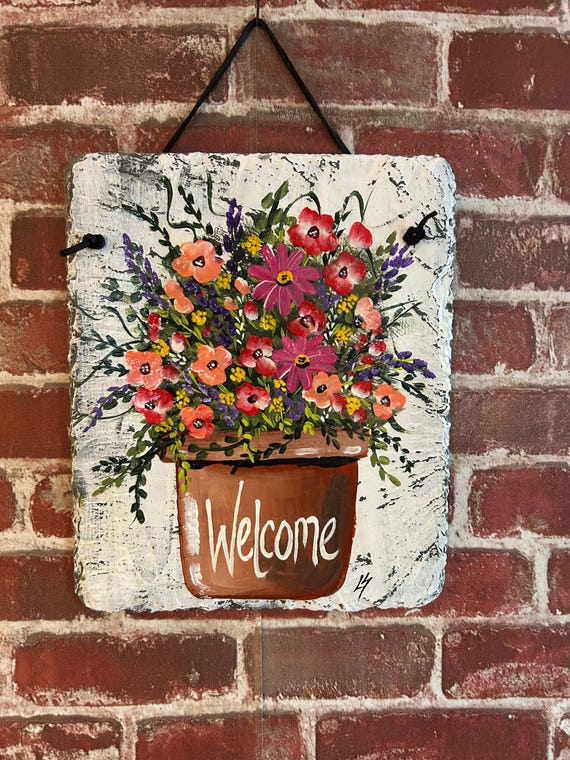Hand Painted Spring Welcome Slate Sign: Floral Door Hanger