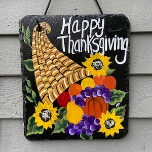 Thanksgiving slate tile, Painted slate, Slate sign, Slate tile, Happy Thanksgiving Sign, Thanksgiving decor, painting on slate, slate plaque
