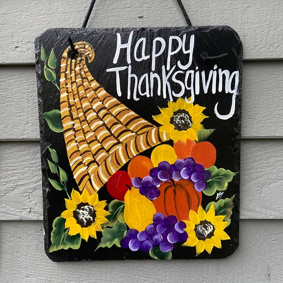 Thanksgiving slate tile, Painted slate, Slate sign, Slate tile, Happy Thanksgiving Sign, Thanksgiving decor, painting on slate, slate plaque