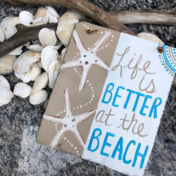 Painted beach Slate sign, Painted slate door hanger, Life Is better at the Beach, painted slate sign, Porch decor, Beach welcome plaque