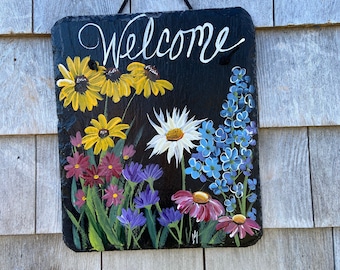 Porch decor, Spring Welcome sign, painted slate garden sign, painted Slate Sign, slate door hanger, Spring slate, Slate welcome plaque