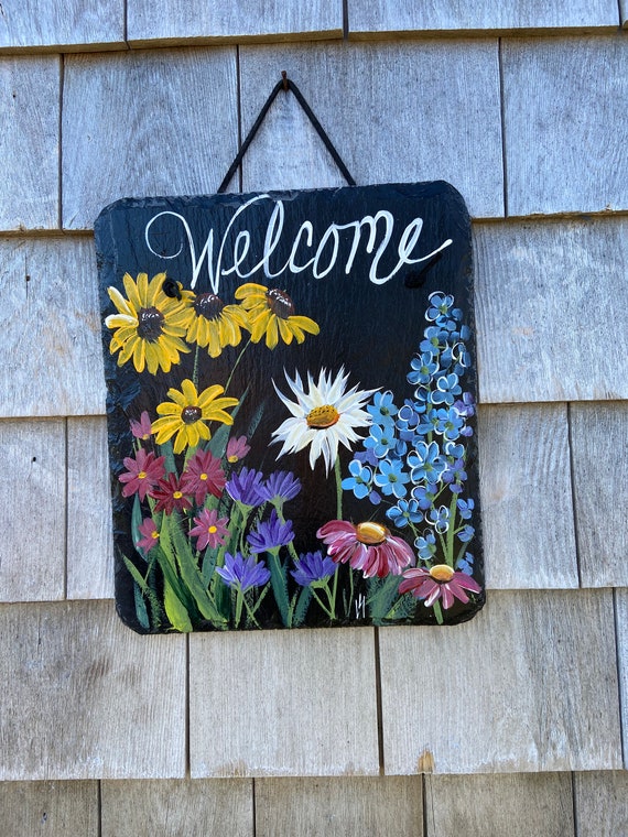 Porch decor, Spring Welcome sign, painted slate garden sign, painted Slate Sign, slate door hanger, Spring slate, Slate welcome plaque