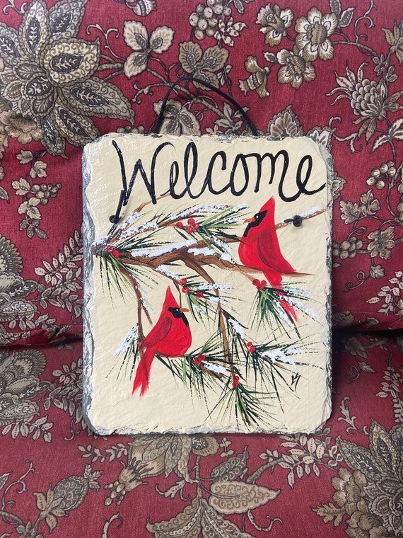 Slate welcome sign, Painted slate sign, Winter welcome sign, Red Cardinal sign, Slate sign, Winter door hanger, Welcome plaque