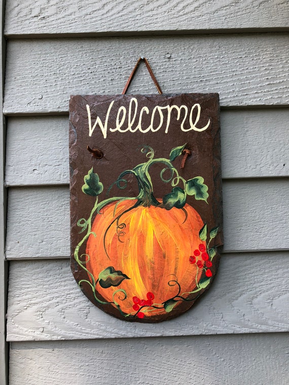 Pumpkin slate Sign, Hand painted slate, Fall Porch Decor, Fall Door hanger, Fall welcome sign, painting on slate, slate tile, slate plaque