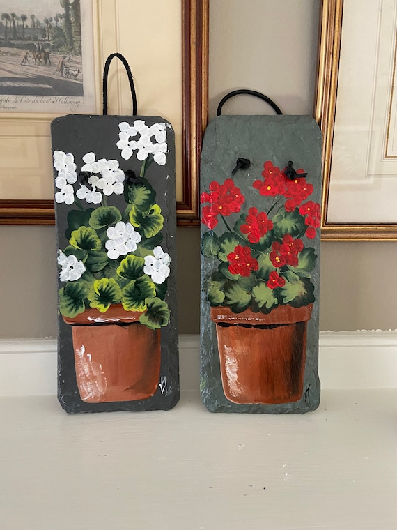 Painted Geraniums, Painted slate, Porch decor, painted geranium slate sign, painting on slate, Floral slate plaque, Outdoor Spring decor