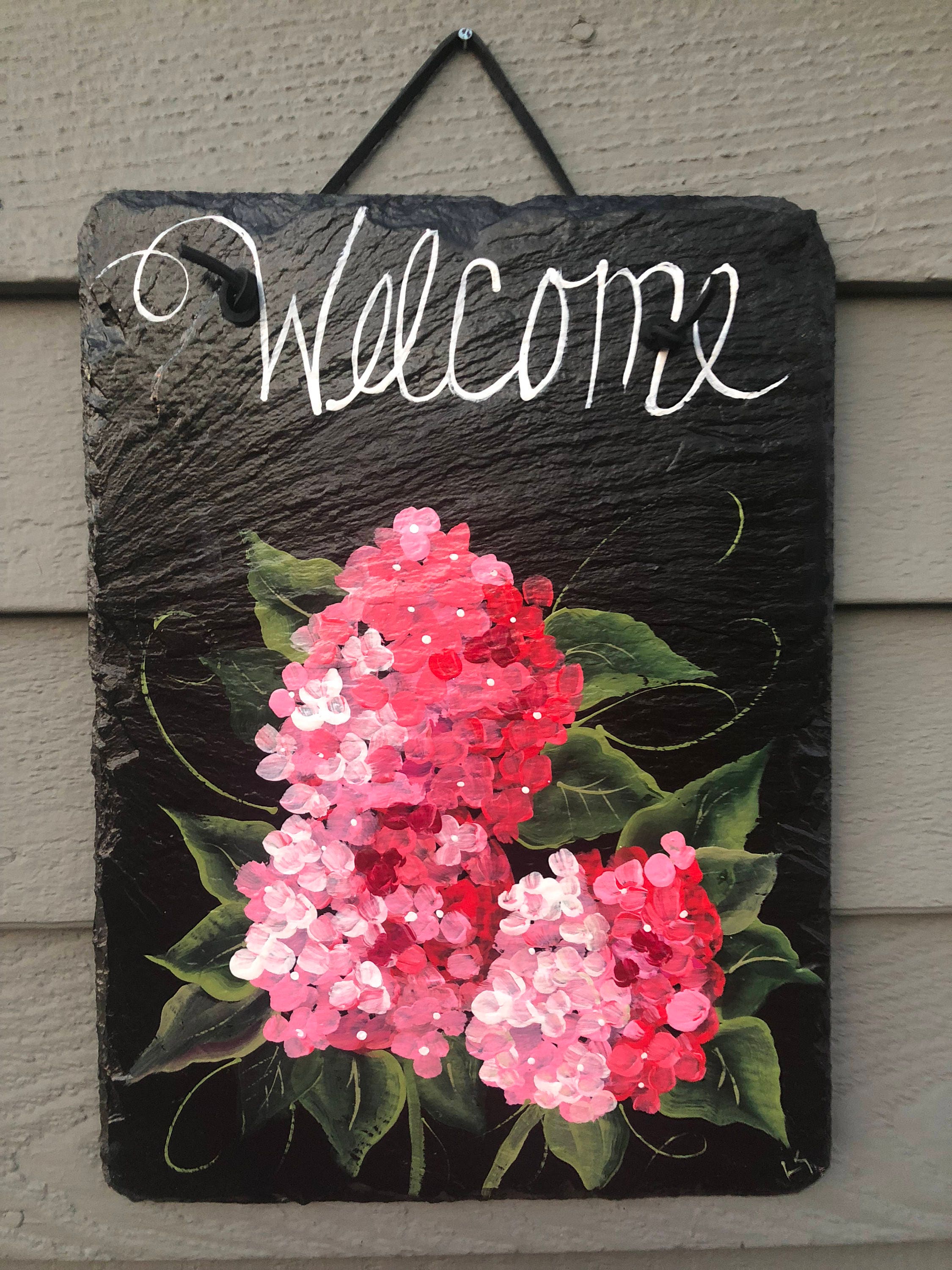 pink hydrangea slate welcome sign summer door hanger painted slate spring door hanger
