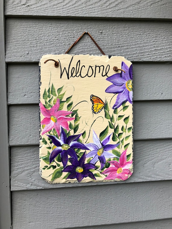 Hand Painted Summer Slate welcome sign, Spring door hangers, welcome sign, Spring door decor, Welcome plaque, Outdoor spring decorations,
