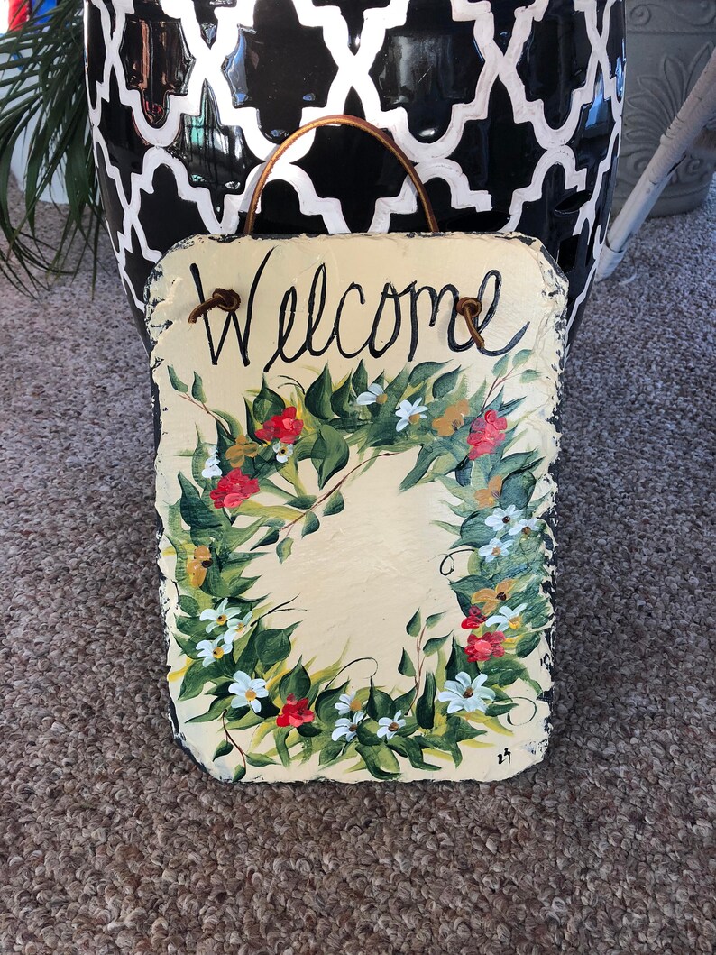 Painted plaque Welcome sign Spring Door Wreath 12 x 10 recycled roof slate door decor Welcome Sign Flower Wreath Slate door hanging
